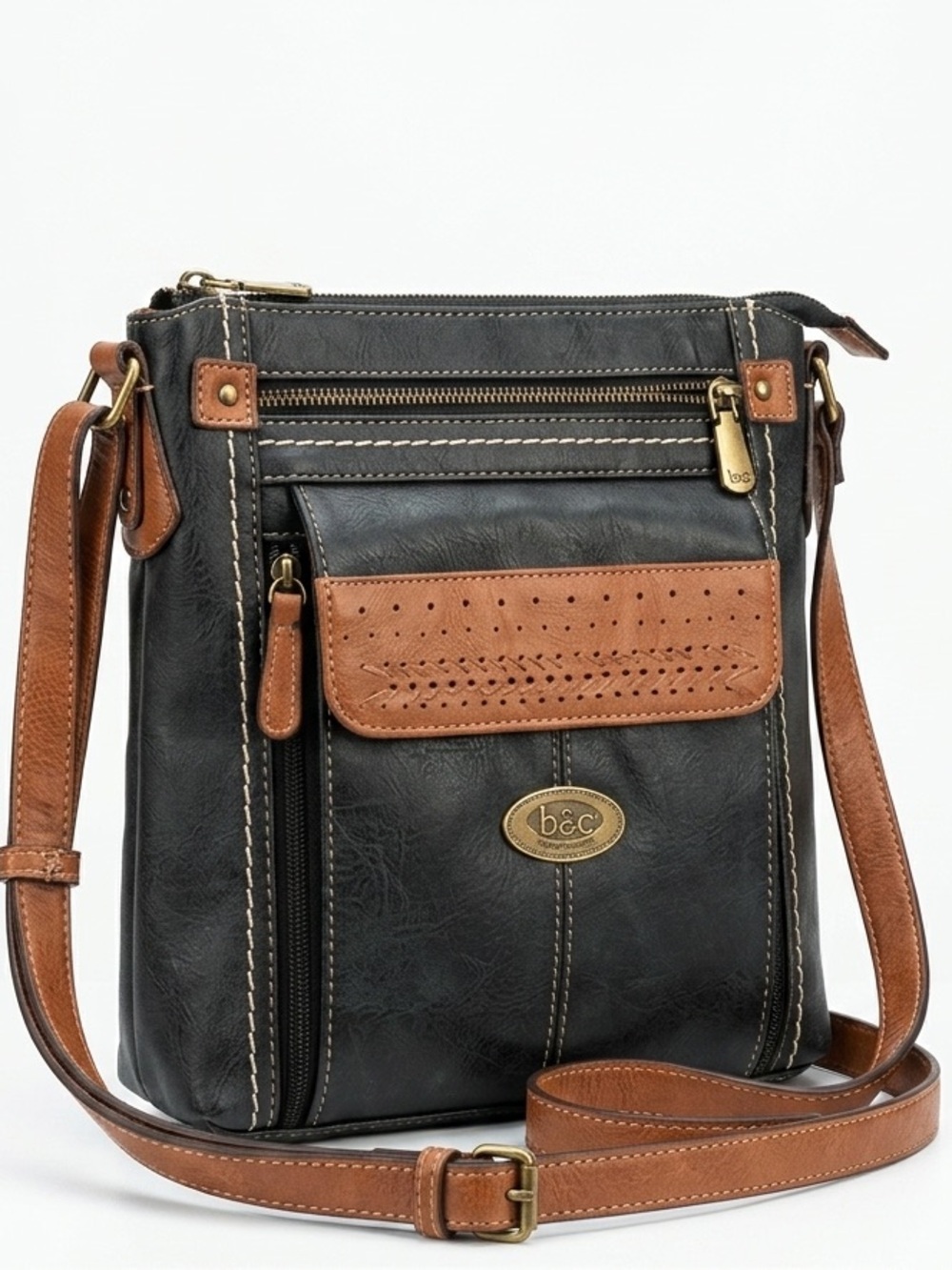 B.O.C. Organizer Crossbody Bag Built In Wallet Faux Leather Black Brown Medium